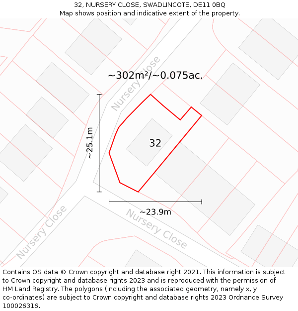 32, NURSERY CLOSE, SWADLINCOTE, DE11 0BQ: Plot and title map