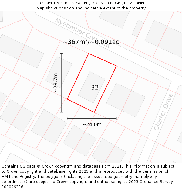 32, NYETIMBER CRESCENT, BOGNOR REGIS, PO21 3NN: Plot and title map