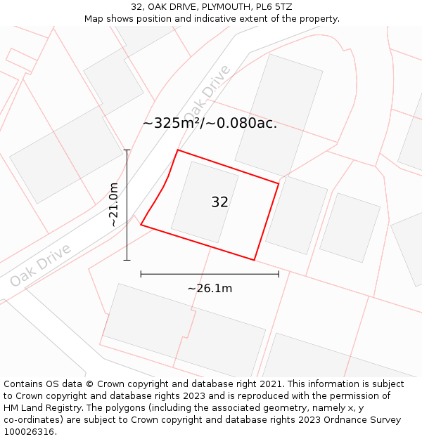 32, OAK DRIVE, PLYMOUTH, PL6 5TZ: Plot and title map