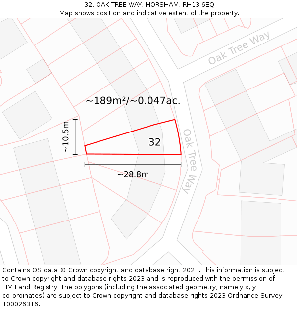 32, OAK TREE WAY, HORSHAM, RH13 6EQ: Plot and title map