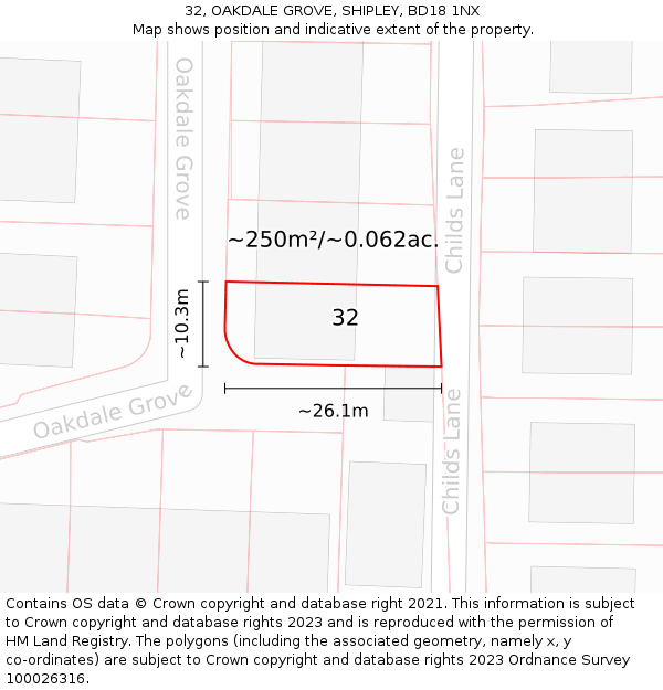 32, OAKDALE GROVE, SHIPLEY, BD18 1NX: Plot and title map