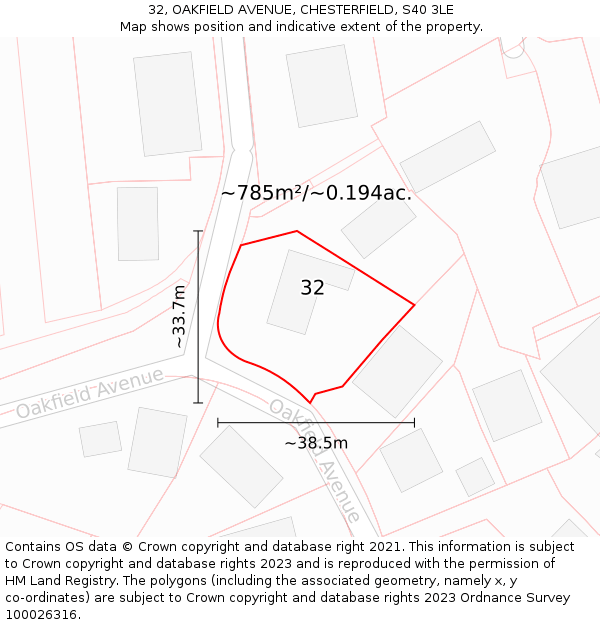 32, OAKFIELD AVENUE, CHESTERFIELD, S40 3LE: Plot and title map