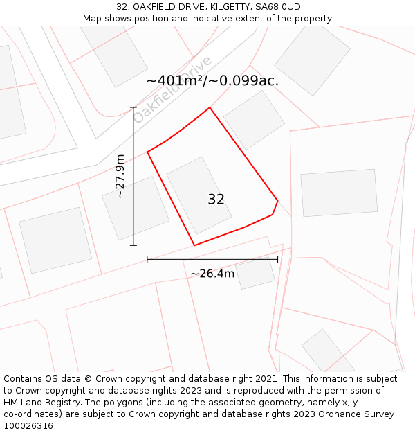 32, OAKFIELD DRIVE, KILGETTY, SA68 0UD: Plot and title map