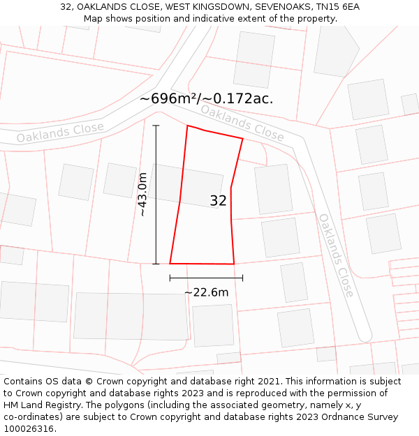 32, OAKLANDS CLOSE, WEST KINGSDOWN, SEVENOAKS, TN15 6EA: Plot and title map