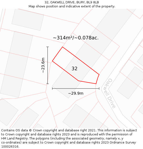 32, OAKWELL DRIVE, BURY, BL9 8LB: Plot and title map