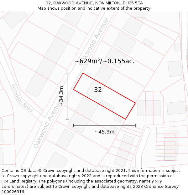 32, OAKWOOD AVENUE, NEW MILTON, BH25 5EA: Plot and title map