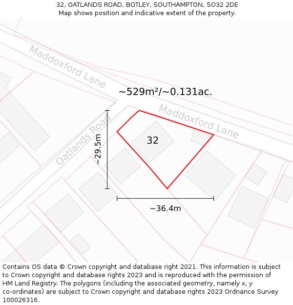 32, OATLANDS ROAD, BOTLEY, SOUTHAMPTON, SO32 2DE: Plot and title map