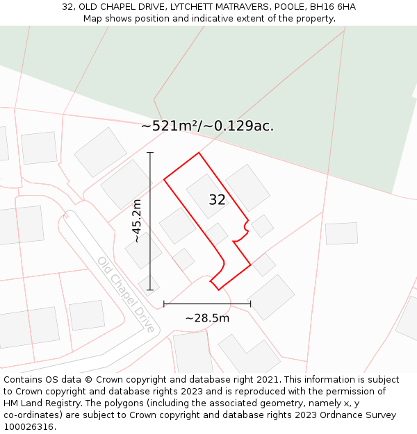 32, OLD CHAPEL DRIVE, LYTCHETT MATRAVERS, POOLE, BH16 6HA: Plot and title map