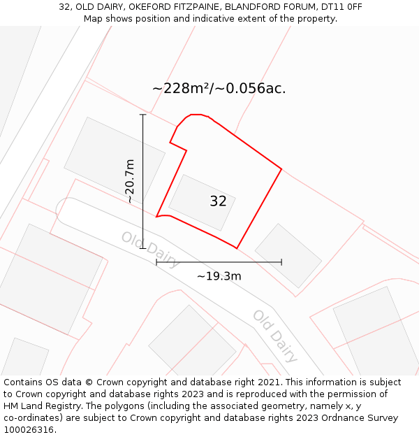 32, OLD DAIRY, OKEFORD FITZPAINE, BLANDFORD FORUM, DT11 0FF: Plot and title map