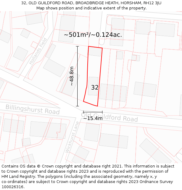 32, OLD GUILDFORD ROAD, BROADBRIDGE HEATH, HORSHAM, RH12 3JU: Plot and title map