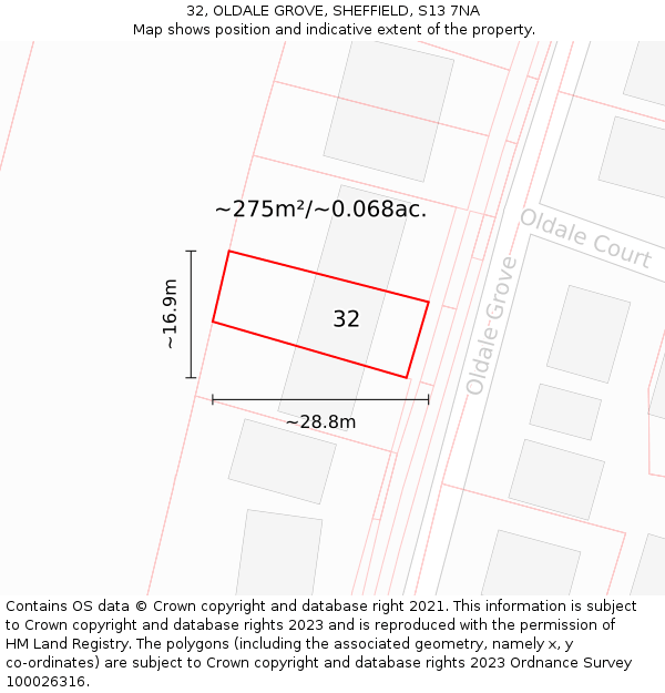 32, OLDALE GROVE, SHEFFIELD, S13 7NA: Plot and title map