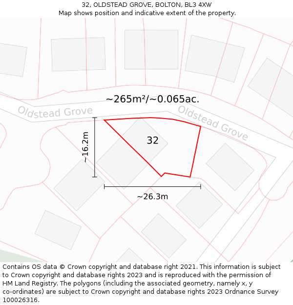 32, OLDSTEAD GROVE, BOLTON, BL3 4XW: Plot and title map