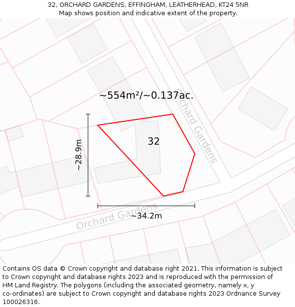 32, ORCHARD GARDENS, EFFINGHAM, LEATHERHEAD, KT24 5NR: Plot and title map