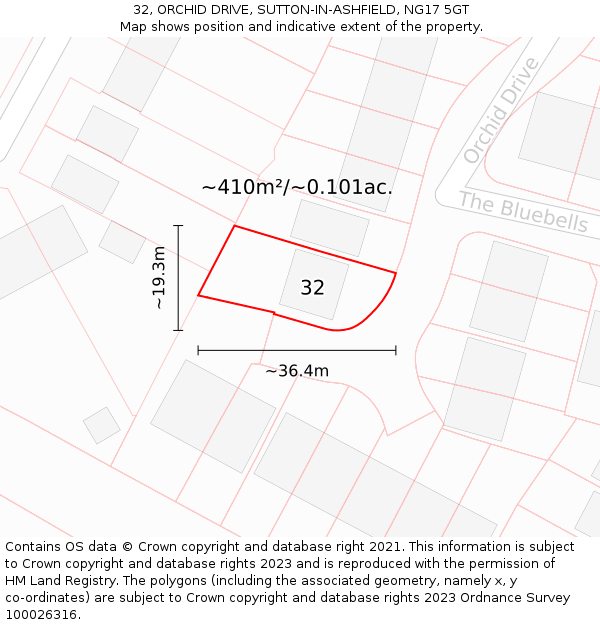 32, ORCHID DRIVE, SUTTON-IN-ASHFIELD, NG17 5GT: Plot and title map