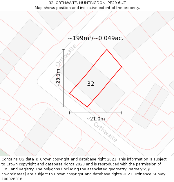 32, ORTHWAITE, HUNTINGDON, PE29 6UZ: Plot and title map