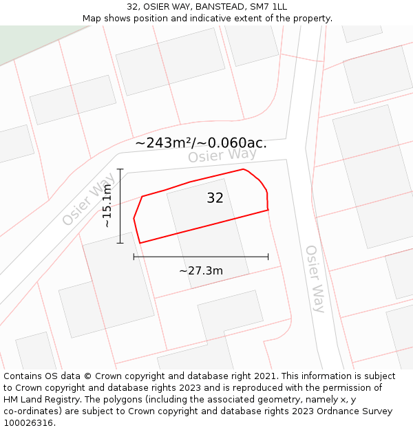 32, OSIER WAY, BANSTEAD, SM7 1LL: Plot and title map