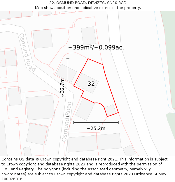 32, OSMUND ROAD, DEVIZES, SN10 3GD: Plot and title map