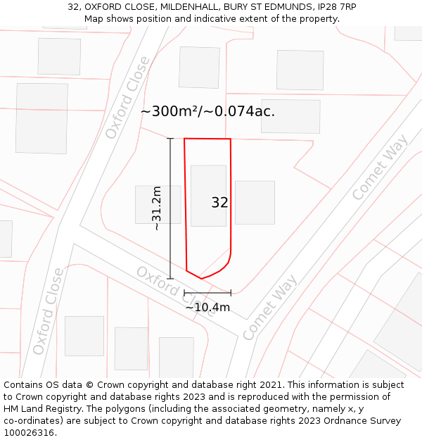 32, OXFORD CLOSE, MILDENHALL, BURY ST EDMUNDS, IP28 7RP: Plot and title map