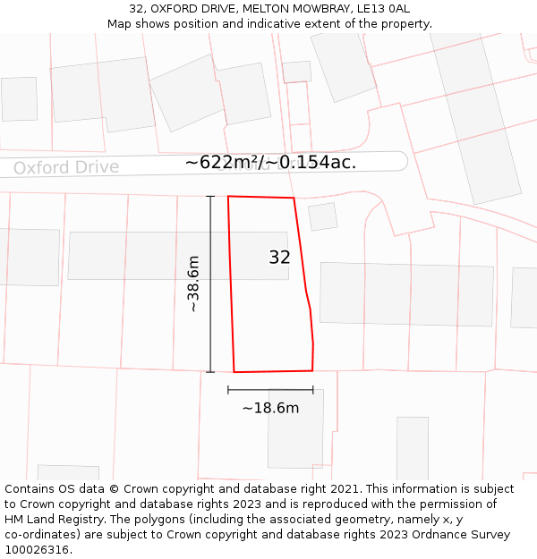 32, OXFORD DRIVE, MELTON MOWBRAY, LE13 0AL: Plot and title map