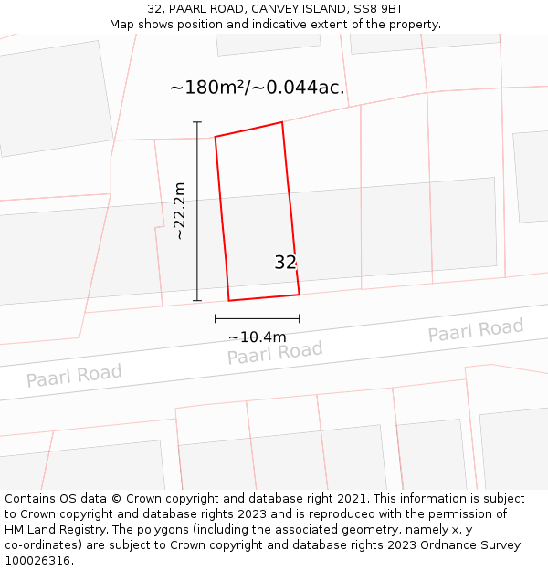 32, PAARL ROAD, CANVEY ISLAND, SS8 9BT: Plot and title map