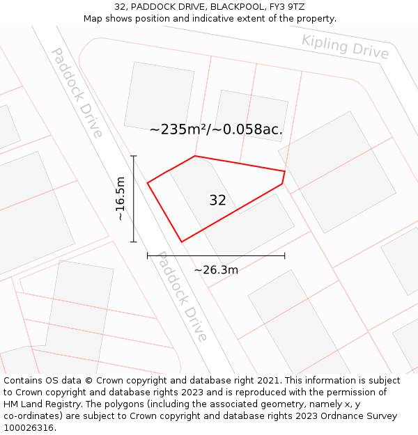 32, PADDOCK DRIVE, BLACKPOOL, FY3 9TZ: Plot and title map