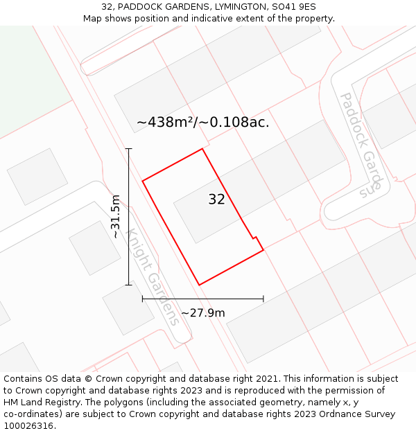 32, PADDOCK GARDENS, LYMINGTON, SO41 9ES: Plot and title map