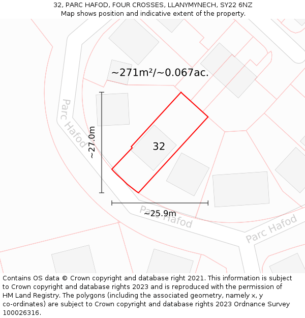 32, PARC HAFOD, FOUR CROSSES, LLANYMYNECH, SY22 6NZ: Plot and title map