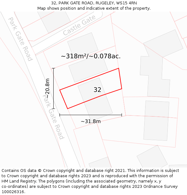 32, PARK GATE ROAD, RUGELEY, WS15 4RN: Plot and title map
