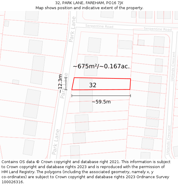 32, PARK LANE, FAREHAM, PO16 7JX: Plot and title map