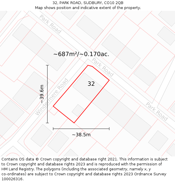 32, PARK ROAD, SUDBURY, CO10 2QB: Plot and title map