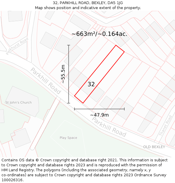 32, PARKHILL ROAD, BEXLEY, DA5 1JG: Plot and title map