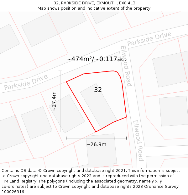 32, PARKSIDE DRIVE, EXMOUTH, EX8 4LB: Plot and title map