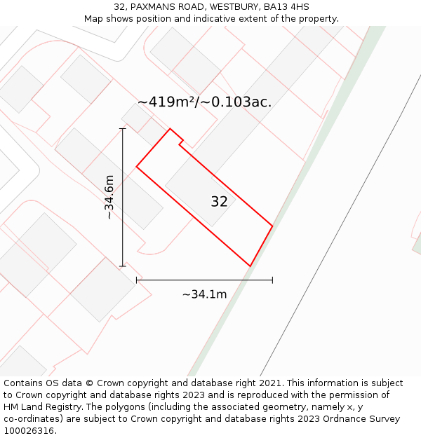 32, PAXMANS ROAD, WESTBURY, BA13 4HS: Plot and title map