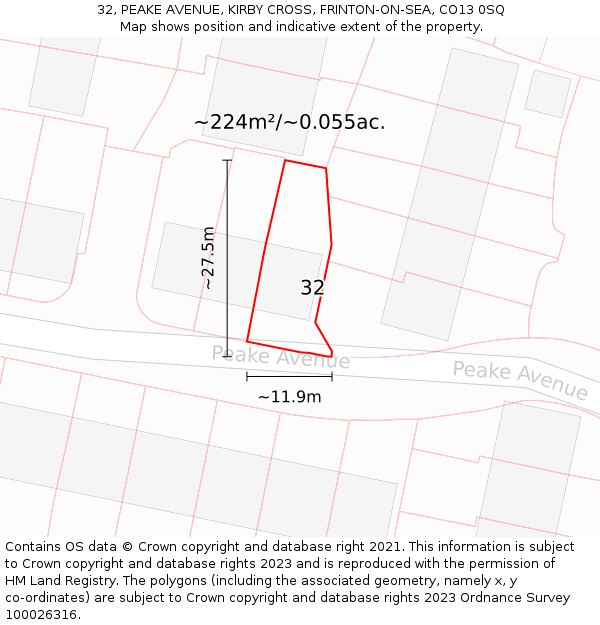 32, PEAKE AVENUE, KIRBY CROSS, FRINTON-ON-SEA, CO13 0SQ: Plot and title map