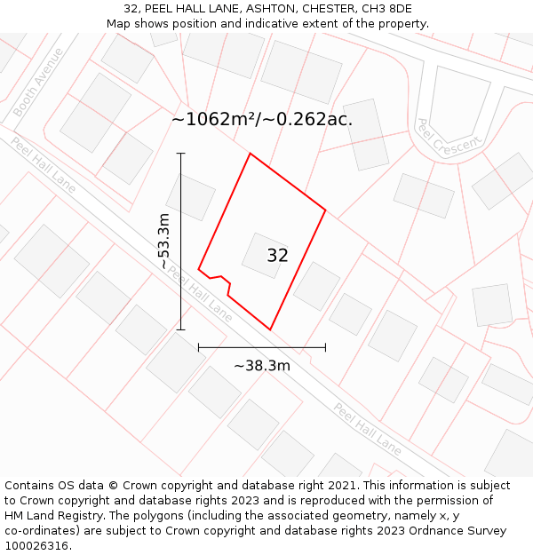 32, PEEL HALL LANE, ASHTON, CHESTER, CH3 8DE: Plot and title map
