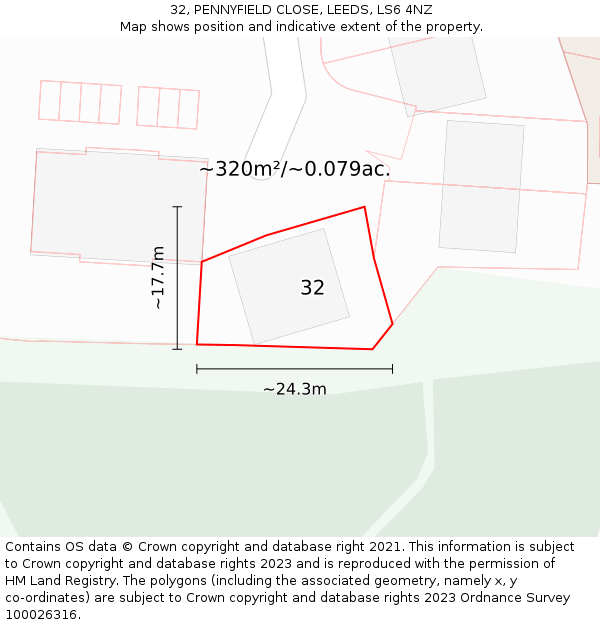 32, PENNYFIELD CLOSE, LEEDS, LS6 4NZ: Plot and title map