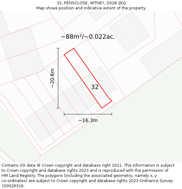 32, PENSCLOSE, WITNEY, OX28 2EQ: Plot and title map