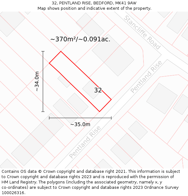 32, PENTLAND RISE, BEDFORD, MK41 9AW: Plot and title map