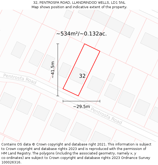 32, PENTROSFA ROAD, LLANDRINDOD WELLS, LD1 5NL: Plot and title map