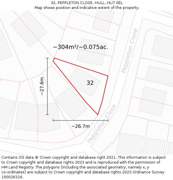 32, PEPPLETON CLOSE, HULL, HU7 0EL: Plot and title map