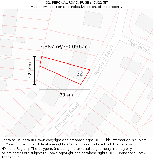 32, PERCIVAL ROAD, RUGBY, CV22 5JT: Plot and title map