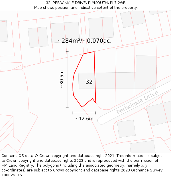 32, PERIWINKLE DRIVE, PLYMOUTH, PL7 2WR: Plot and title map