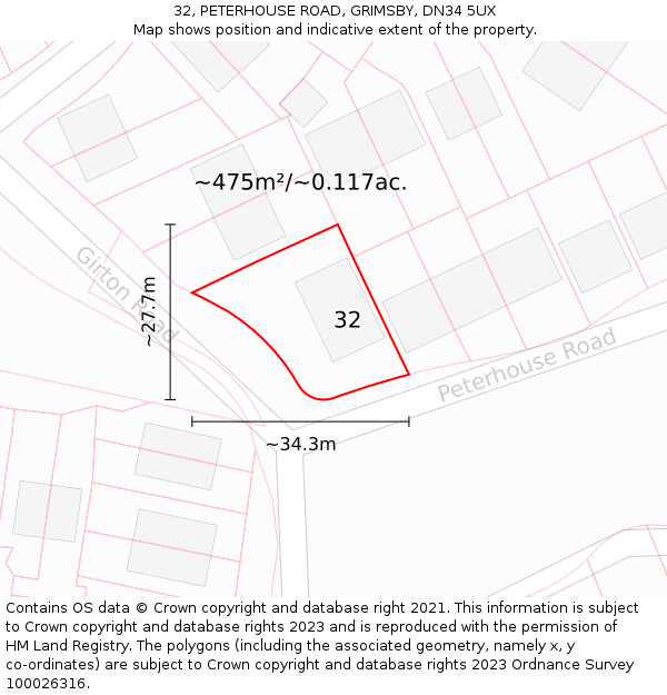 32, PETERHOUSE ROAD, GRIMSBY, DN34 5UX: Plot and title map