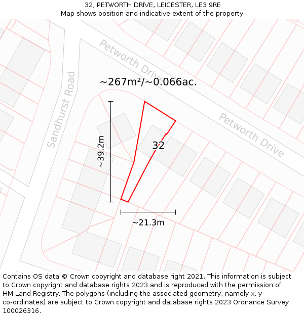 32, PETWORTH DRIVE, LEICESTER, LE3 9RE: Plot and title map