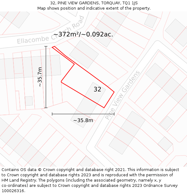 32, PINE VIEW GARDENS, TORQUAY, TQ1 1JS: Plot and title map