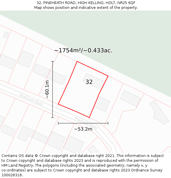 32, PINEHEATH ROAD, HIGH KELLING, HOLT, NR25 6QF: Plot and title map