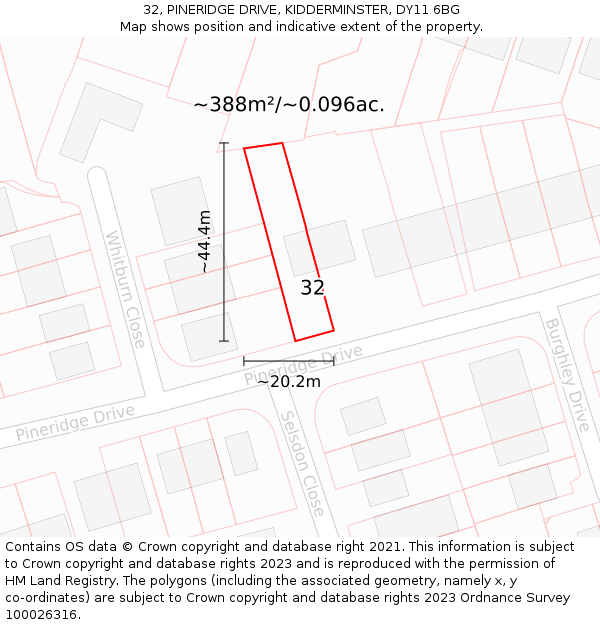 32, PINERIDGE DRIVE, KIDDERMINSTER, DY11 6BG: Plot and title map