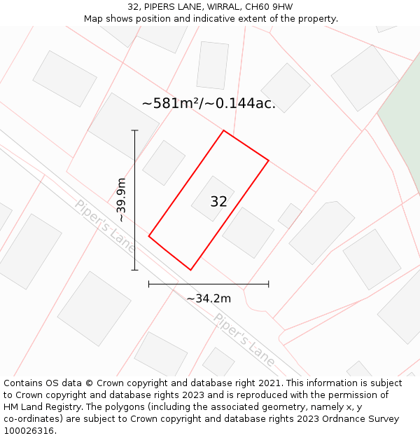 32, PIPERS LANE, WIRRAL, CH60 9HW: Plot and title map