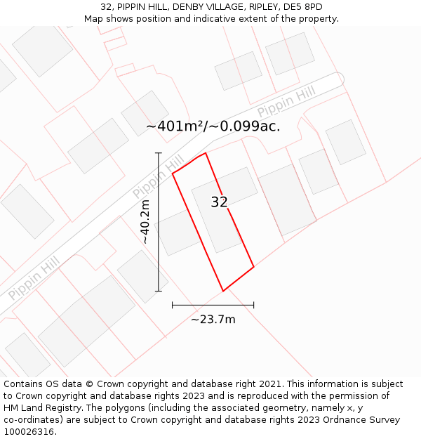 32, PIPPIN HILL, DENBY VILLAGE, RIPLEY, DE5 8PD: Plot and title map