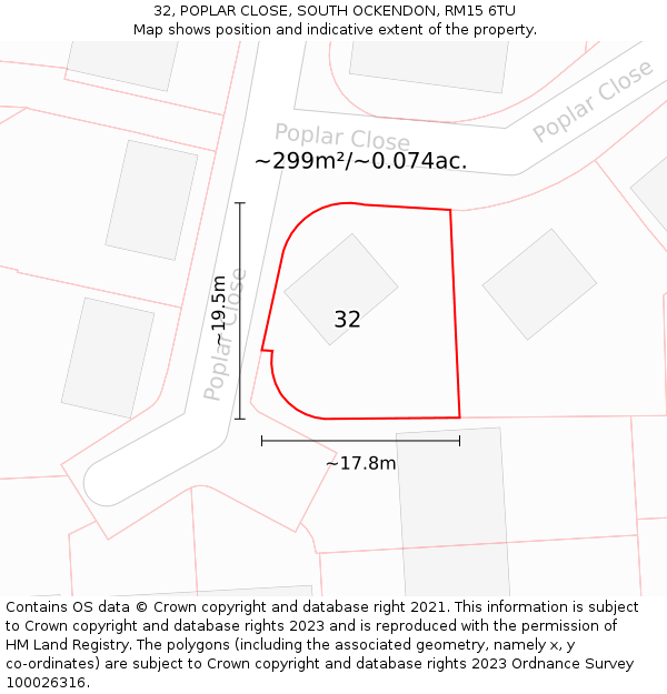 32, POPLAR CLOSE, SOUTH OCKENDON, RM15 6TU: Plot and title map